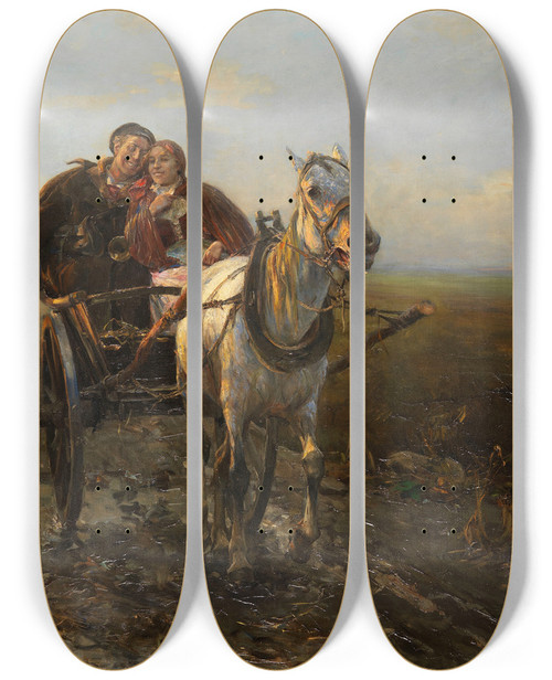 Triptych art skateboard deck of Alfred Von Wieruszkowalski Glckliche Kutschfahrt by Alfred Von Wierusz-Kowalski (1849-1915)