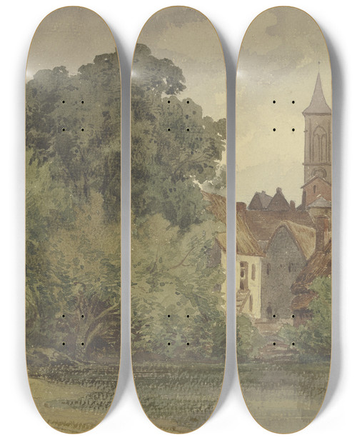 Triptych art skateboard deck of Peter Burnitz Weiher Dahinter Huser Eines Dorfes Mit Kirchturm by Peter Burnitz (1824-1886)