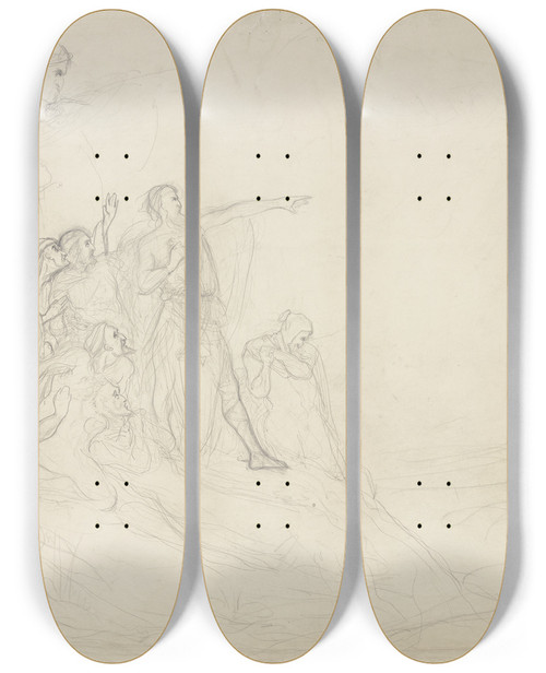 Triptych art skateboard deck of Victor Mller Nach Rechts In Die Ferne Nach Weisender Mann Umgeben Von Ihm Folgender Gestalten Zum Teil In Historischer Tracht Zum Teil Als Aktfiguren Ausgefhrt by Victor Muller (1829-1871)