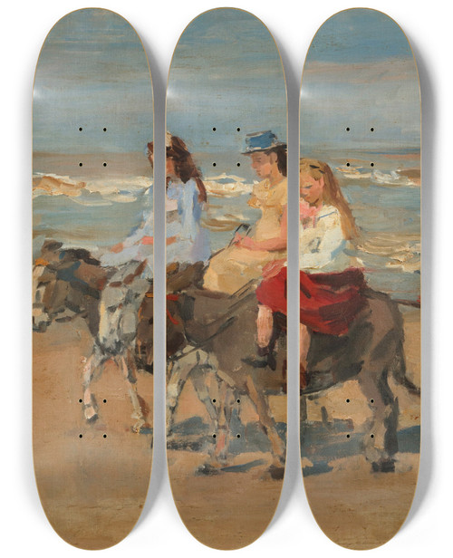 Triptych art skateboard deck of Isaac Israls A Donkey Ride On The Beach Of Scheveningen by Isaac Israels (1865-1934)