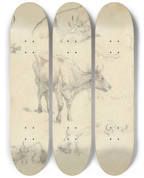 Triptych art skateboard deck of Robert Hills Cows From Various Angles by Robert Hills (1769-1844)