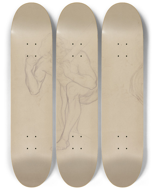 Triptych art skateboard deck of Victor Mller A Male Nude In A Bent Position With His Left Leg Raised Carrying An Object On His Shoulder Next To Him A Crouching Male Nude To The Right by Victor Muller (1829-1871)