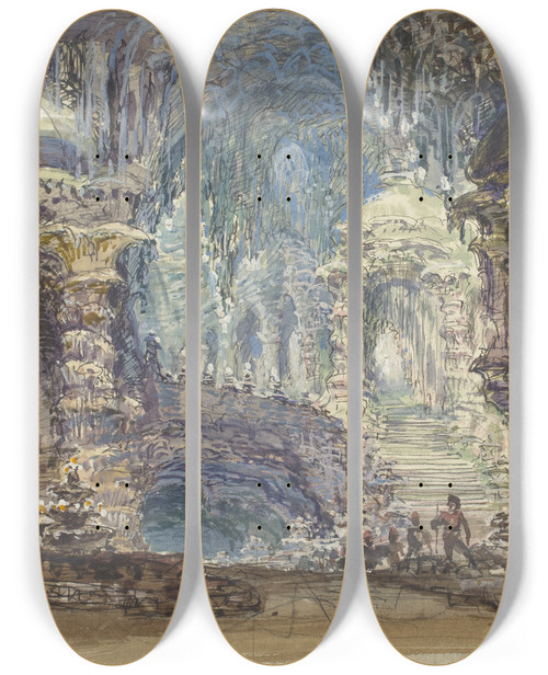 Triptych art skateboard deck of Robert Caney Fantastic Pavilions In A Grotto by Robert Caney (1847-1911)