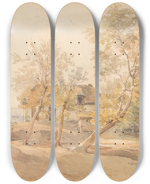 Triptych art skateboard deck of Josef Hger A Group Of Trees Near A Farmhouse by Josef Hoger (1801-1877)