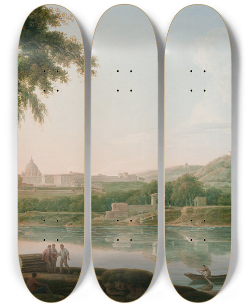Triptych art skateboard deck of Jacob More A Distant View Of Rome Across The Tiber by Jacob More (1740-1793)