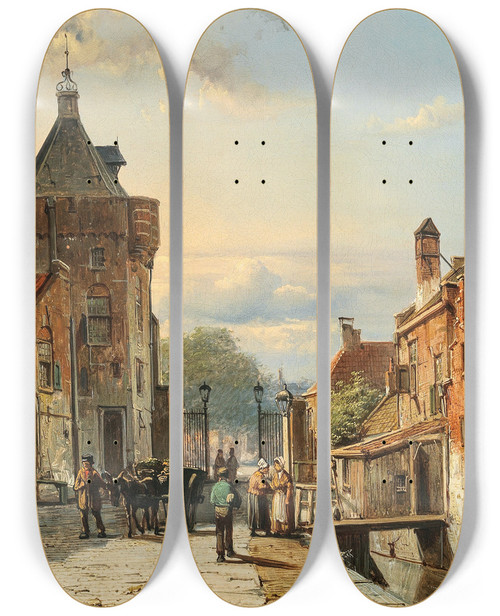 Triptych art skateboard deck of Willem Koekkoek A View Of A Netherlandish Town With Figures Chattering by Willem Koekkoek (1839-1885)