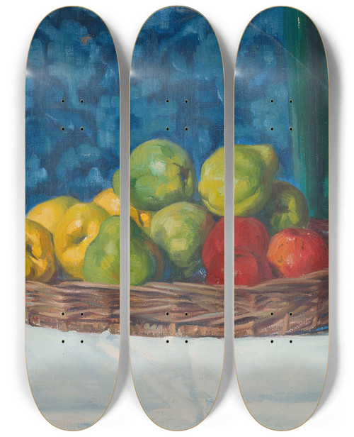 Triptych art skateboard deck of Ottilie Wilhelmine Roederstein Still Life Basket With Fruit On A Table In Front Of A Curtain And Wallpaper by Ottilie Wilhelmine Roederstein (1859-1937)