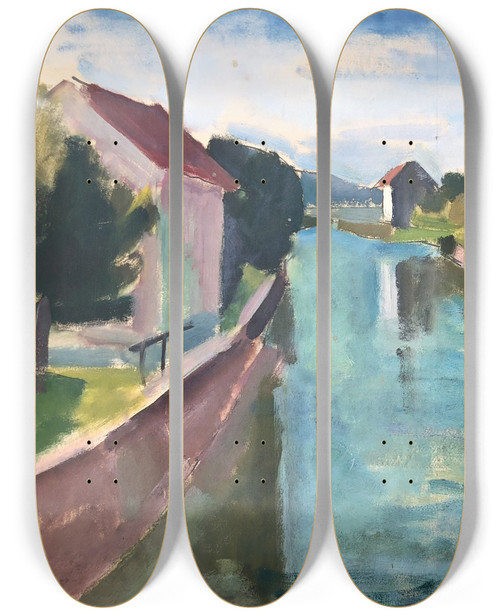 Triptych art skateboard deck of Otto Geigenberger Huser Am Kanal by Otto Geigenberger (1881-1946)