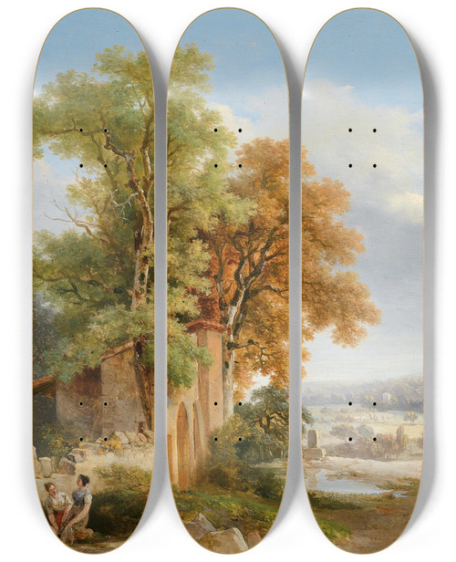 Triptych art skateboard deck of Wolfgang Adam Tpffer Wscherinnen Vor Weiter Landschaft by Wolfgang Adam Topffer (1766-1847)