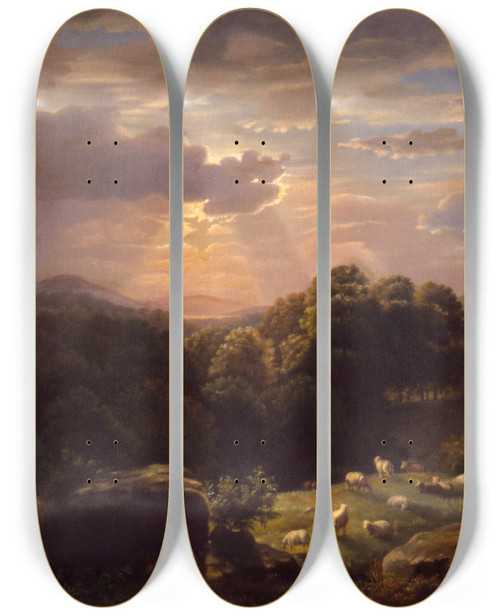 Triptych art skateboard deck of Robert S Duncanson Landscape With Sheep by Robert S Duncanson (1821-1872)