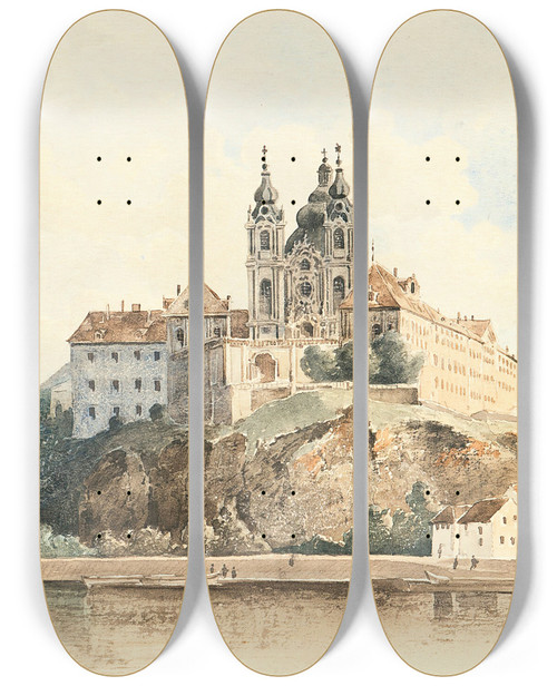 Triptych art skateboard deck of Vincenz Hawlicek Melk Abbey On The Danube by Vincenz Hawlicek (1864-1915)