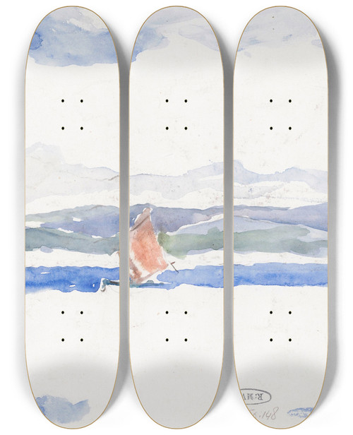 Triptych art skateboard deck of Carel Nicolaas Storm Van Sgravesande Gezicht Op Zee Met Boot by Carel Nicolaas Storm van 's-Gravesande (1841-1924)