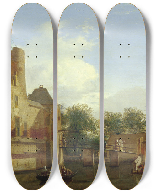 Triptych art skateboard deck of Jan Van Der Heyden Loenerslot Castle In Holland by Jan van der Heyden (1637-1712)
