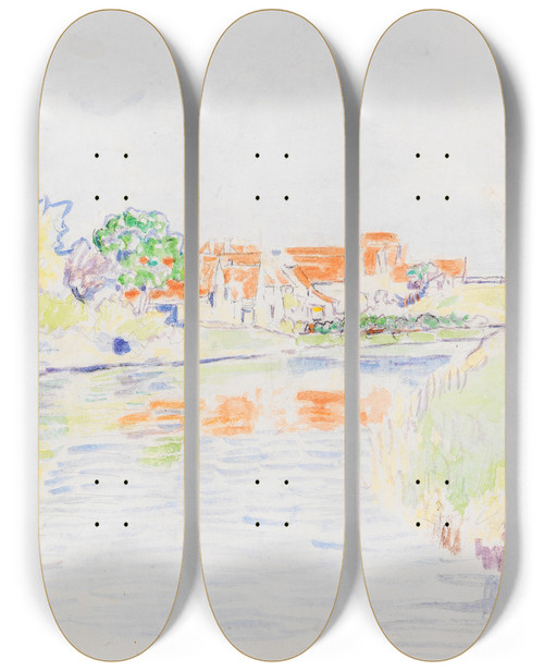 Triptych art skateboard deck of Paul Baum Kanal Zwischen Wldchen Und Wiesen Vor Einem Dorf Mit Roten Dchern by Paul Baum (1859-1932)