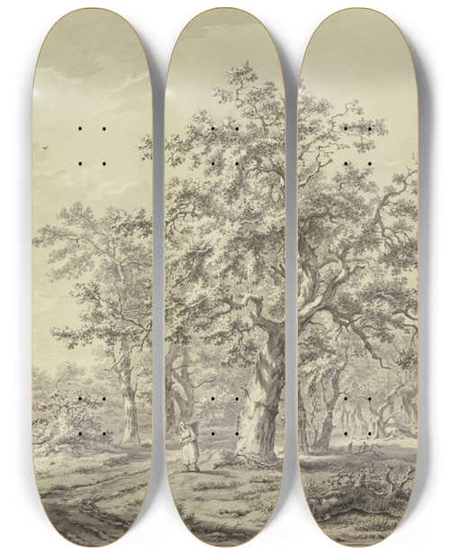 Triptych art skateboard deck of Carel Lodewijk Hansen Fahrweg Am Rande Eines Waldes Rechts Im Mittelgrund Hinter Bumen Ein Strohgedecktes Haus Im Vordergrund Eine Holzsammlerin by Carel Lodewijk Hansen (1765-1840)