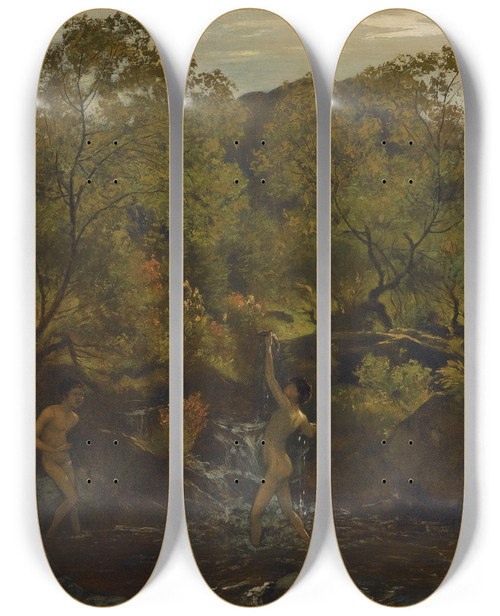 Triptych art skateboard deck of Hans Thoma Badende Jnglinge Bathing Boys by Hans Thoma (1839-1924)