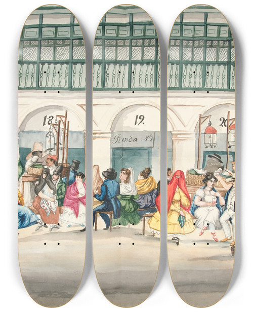 Triptych art skateboard deck of Francisco Fierro Market Place by Francisco Fierro (1807-1879)