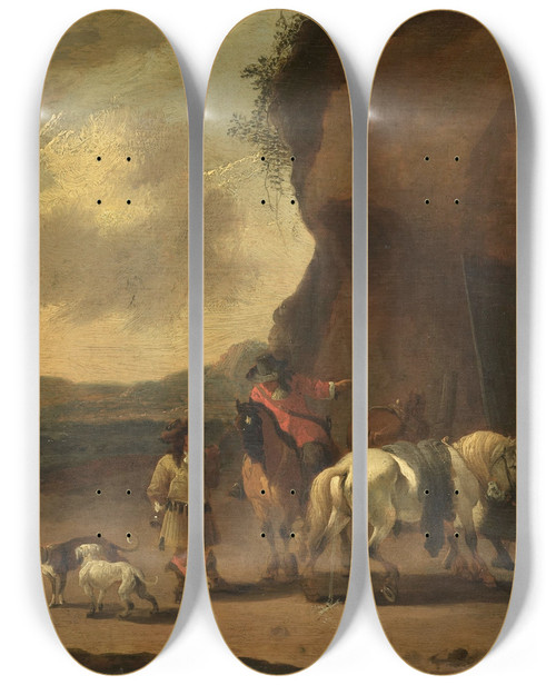 Triptych art skateboard deck of Pieter Bout Horsemen Halted On A Mountain Pass by Pieter Bout (1658-1719)