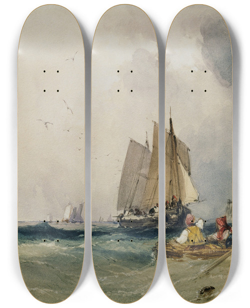 Triptych art skateboard deck of William Callow Entering Harbour by William Callow (1812-1908)