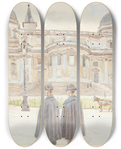 Triptych art skateboard deck of Peter Hansen To Karabinierer Uden For Santa Maria Maggiore by Peter Hansen (1868-1928)