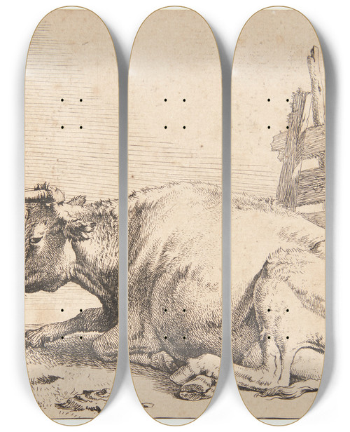 Triptych art skateboard deck of Paulus Potter Ko Liggende Ved Et Hegn by Paulus Potter (1625-1654)