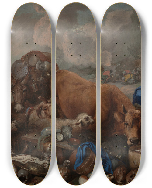 Triptych art skateboard deck of Giovanni Benedetto Castiglione Noahs Sacrifice After The Deluge by Giovanni Benedetto Castiglione (1609-1664)