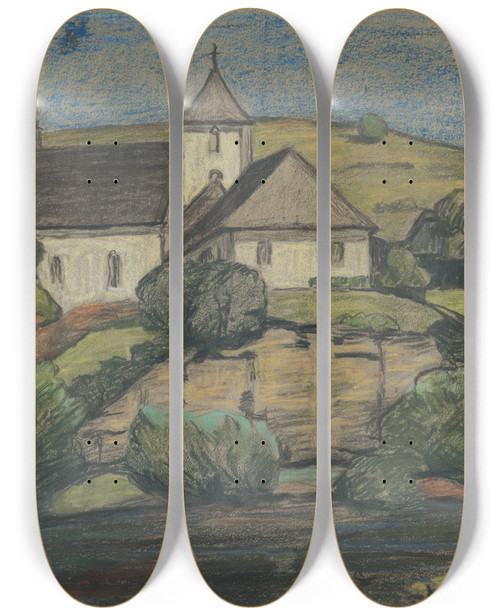 Triptych art skateboard deck of Jozef Hanula View Of The Church by Jozef Hanula (1863-1944)