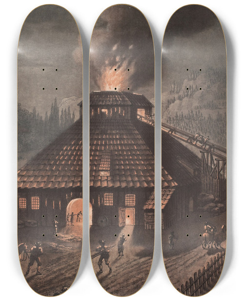 Triptych art skateboard deck of Georg Haas En Jernstberibygning by Georg Haas (1756-1817)