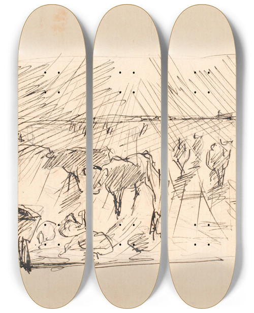 Triptych art skateboard deck of Theodor Philipsen Med Solen I Jnene by Theodor Philipsen (1840-1920)