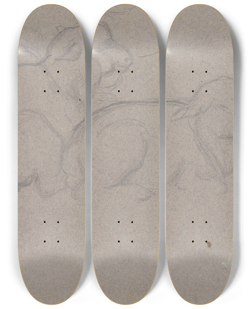 Triptych art skateboard deck of Victor Mller Drei Beieinander Liegende Lmmer by Victor Muller (1829-1871)