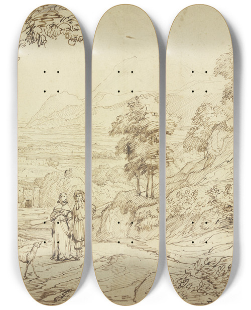 Triptych art skateboard deck of Jacob Esselens Landschaft Auf Dem Weg Ein Herr Und Eine Dame Mit Einem Windhund by Jacob Esselens (1626-1687)
