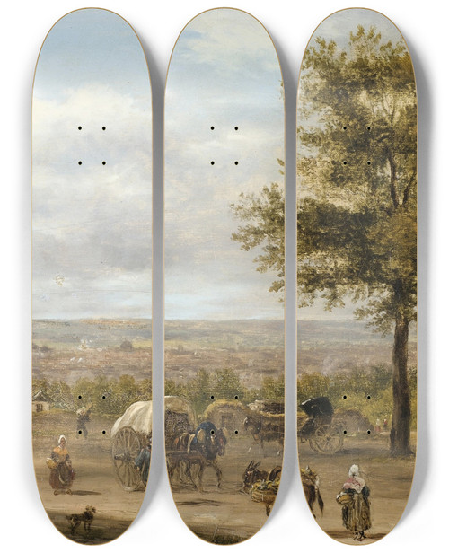 Triptych art skateboard deck of Giuseppe Canella Vue Des Hauteurs De Paris by Giuseppe Canella (1788-1847)