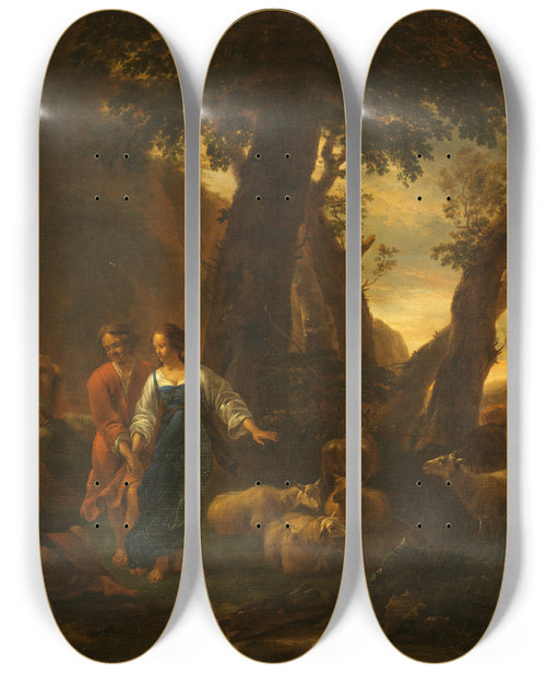 Triptych art skateboard deck of Nicolaes Pietersz Berchem Landscape With Peasants And Cattle_2 by Nicolaes Pietersz Berchem (1620-1683)