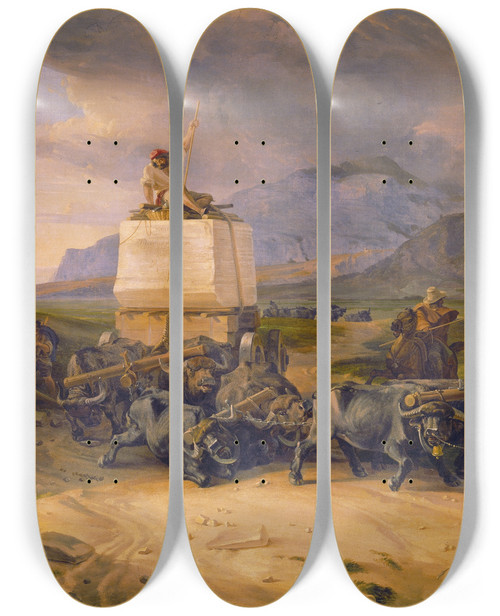 Triptych art skateboard deck of Friedrich Von Nerly Buffaloes Dragging A Block Of Marble by Friedrich Von Nerly (1807-1878)
