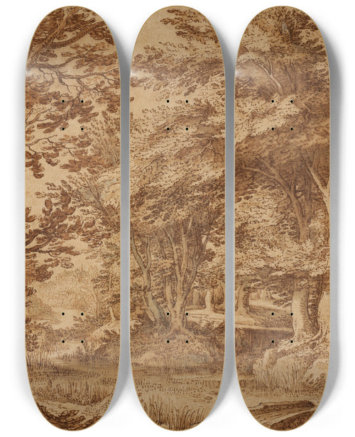Triptych art skateboard deck of Denys Van Alsloot Forest Landscape With A Distant Castle by Denys Van Alsloot (1570-1626)