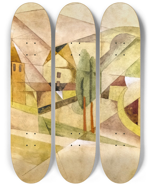 Triptych art skateboard deck of Georges Gaudion Cubist Village_1 by Georges Gaudion (1885-1942)