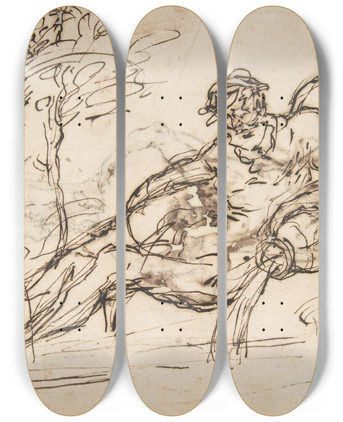 Triptych art skateboard deck of Domenico Gargiulo Reclining River God A Goats Head And Studies Of Heraldic Emblems by Domenico Gargiulo (1609-1675)