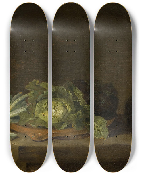 Triptych art skateboard deck of Willem Kalf Cabbages On A Table Top by Willem Kalf (1619-1693)