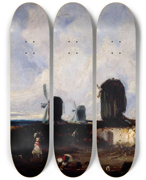 Triptych art skateboard deck of Paul Huet Moulins Prs De La Glacire by Paul Huet (1803-1869)