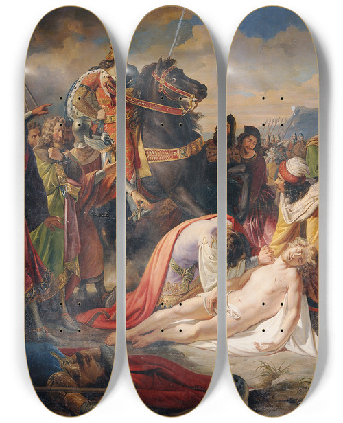 Triptych art skateboard deck of Carl Rahl Karl I Von Anjou An Der Leiche Manfreds Nach Der Schlacht Von Benevent Am 26 Februar 1266 by Carl Rahl (1812-1865)