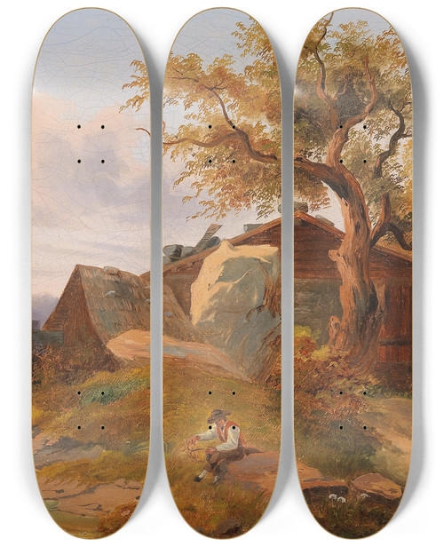 Triptych art skateboard deck of Anton Hansch Resting By The Brookside by Anton Hansch (1813-1876)