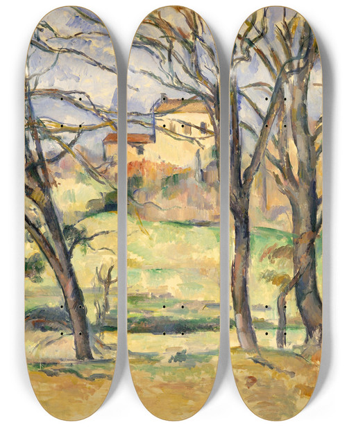 Triptych art skateboard deck of Paul Czanne Trees And Houses Near The Jas De Bouffan by Paul Cezanne (1839-1906)