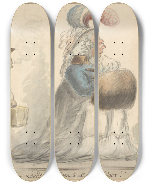 Triptych art skateboard deck of George Moutard Woodward Return From Bond Street Or Loads Of Fashion To Astonish The Vulgar by George Moutard Woodward (1765-1809)