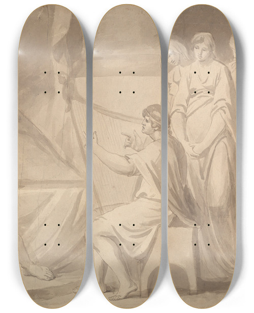 Triptych art skateboard deck of George Romney David Before Saul by George Romney (1734-1802)