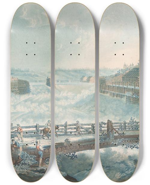 Triptych art skateboard deck of Georg Haas Ve De La Prmire Chte Deau De Tisteddal En Norwge by Georg Haas (1756-1817)