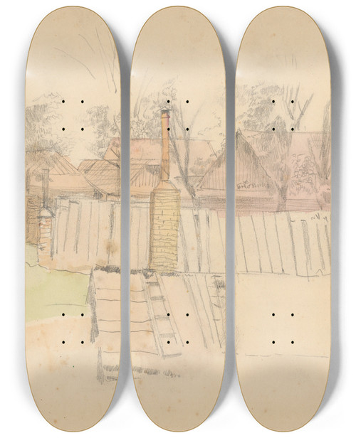 Triptych art skateboard deck of Ladislav Mednynszky Farm In Strky I by Ladislav Mednyanszky (1852-1919)