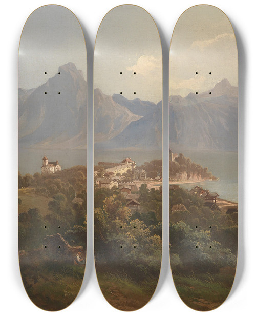Triptych art skateboard deck of Theodor Freiherr Von Ehrmanns Blick Auf Traunkirchen by Theodor Freiherr Von Ehrmanns (1846-1923)