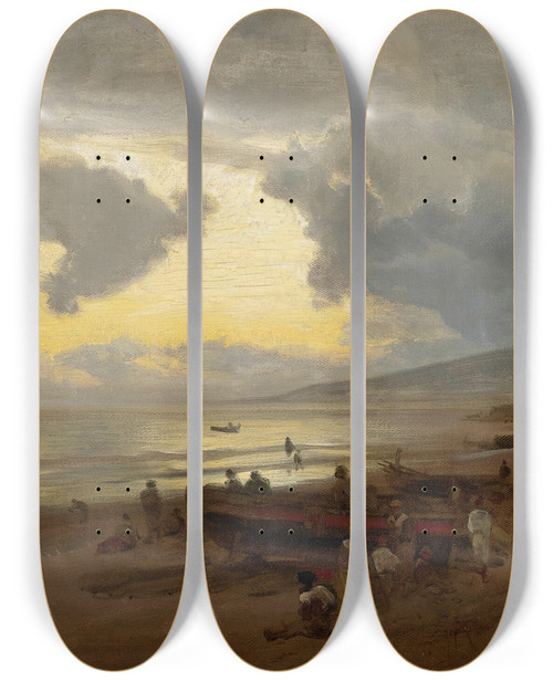 Triptych art skateboard deck of Oswald Achenbach Sunset On The Shore by Oswald Achenbach (1827-1905)