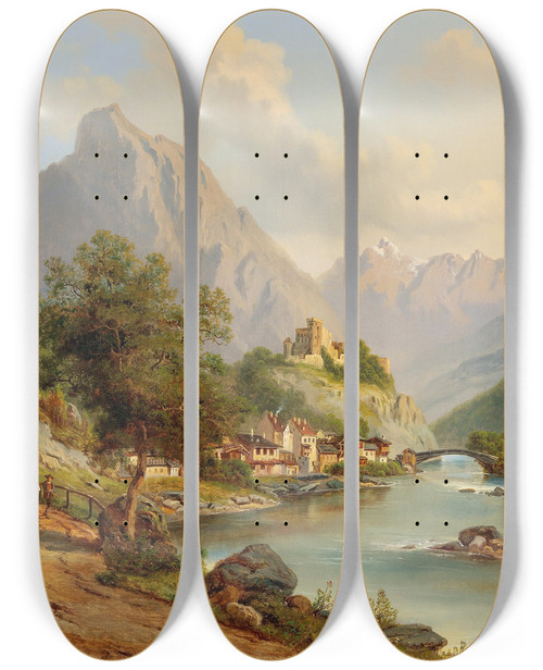 Triptych art skateboard deck of Edmund Hd View Of Landeck Pustertal by Edmund Hod (1861-1888)