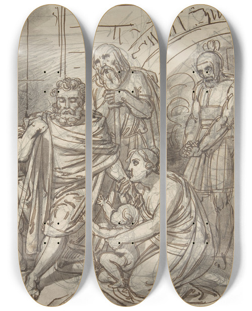 Triptych art skateboard deck of Heinrich Friedrich Fger Belisarius Begging For Alms_1 by Heinrich Friedrich Fger (1751-1818)